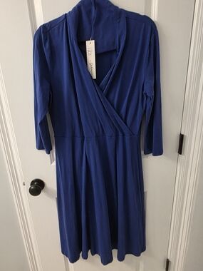 Classic Royal Blue Wrap Midi Dress with V-Neck